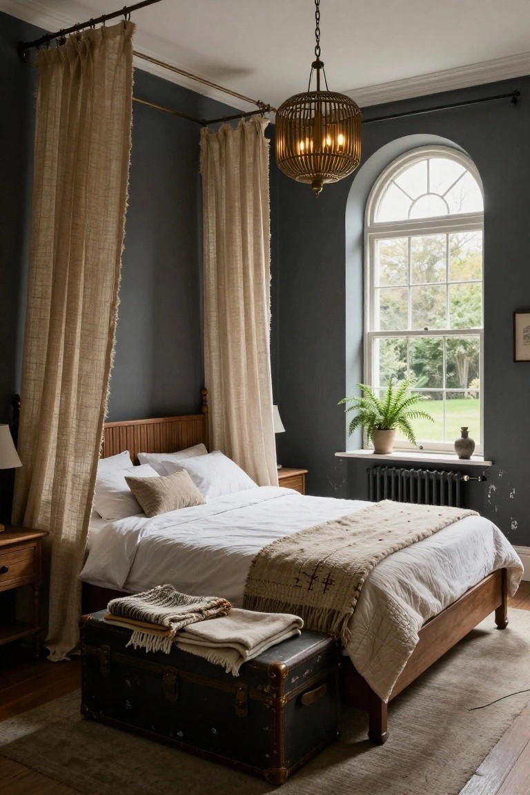 A bedroom featuring a wooden four-poster bed with beige linen curtains draped from ceiling rods, dark gray walls, an arched window with a potted fern, bedside lamps, and a leather trunk at the bed's foot.