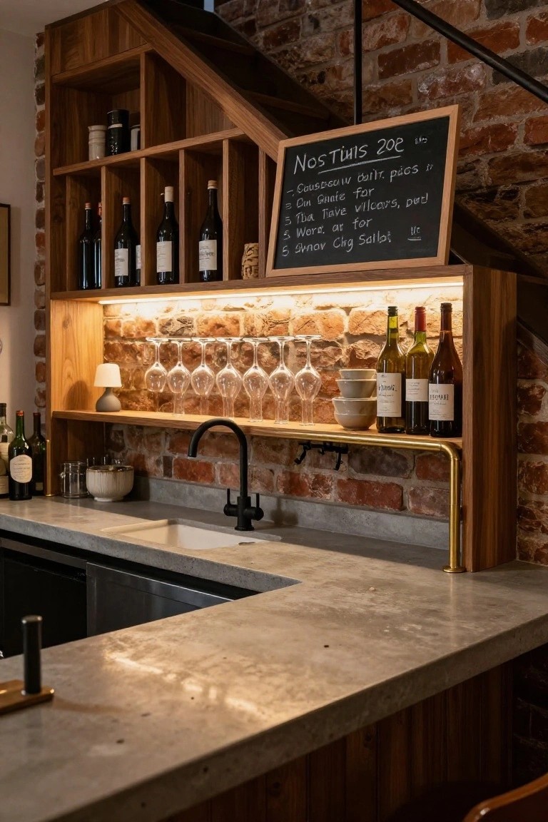 Rustic indoor bar area with exposed brick wall, wooden open shelving stocked with wine bottles and jars, hanging wine glasses, black faucet sink on concrete countertop, and chalkboard menu above.