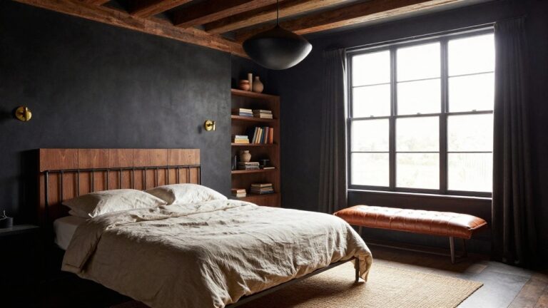 Dark-walled bedroom with tall matte black stone fireplace burning wood, exposed wood beam ceiling, wooden shelves with books and ceramics beside fireplace, black metal bed frame with white linens and throw, brown leather bench at bed foot on jute rug and wood floors.