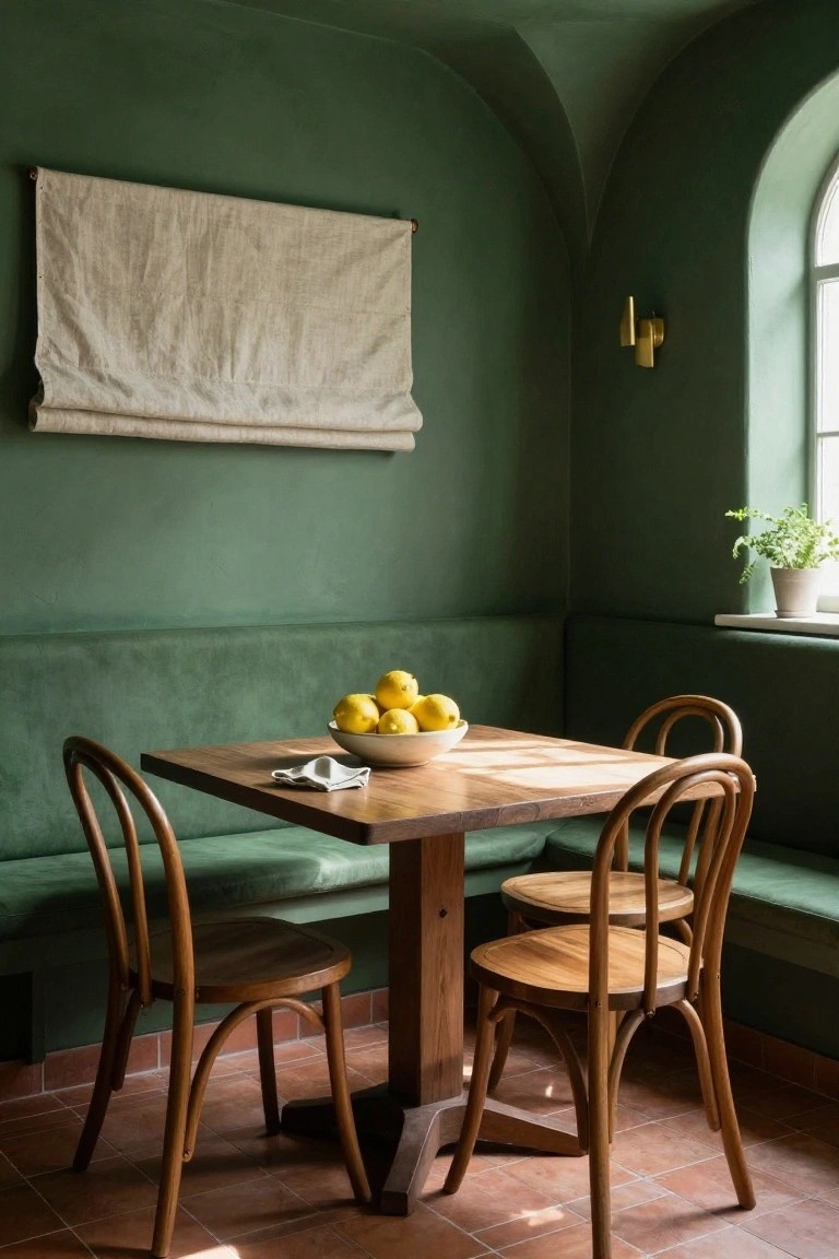 Dining nook with green velvet booth seating along two walls, wooden table holding a bowl of lemons and napkin, four wooden chairs, deep green curved walls, arched window with plant, and wall sconce.