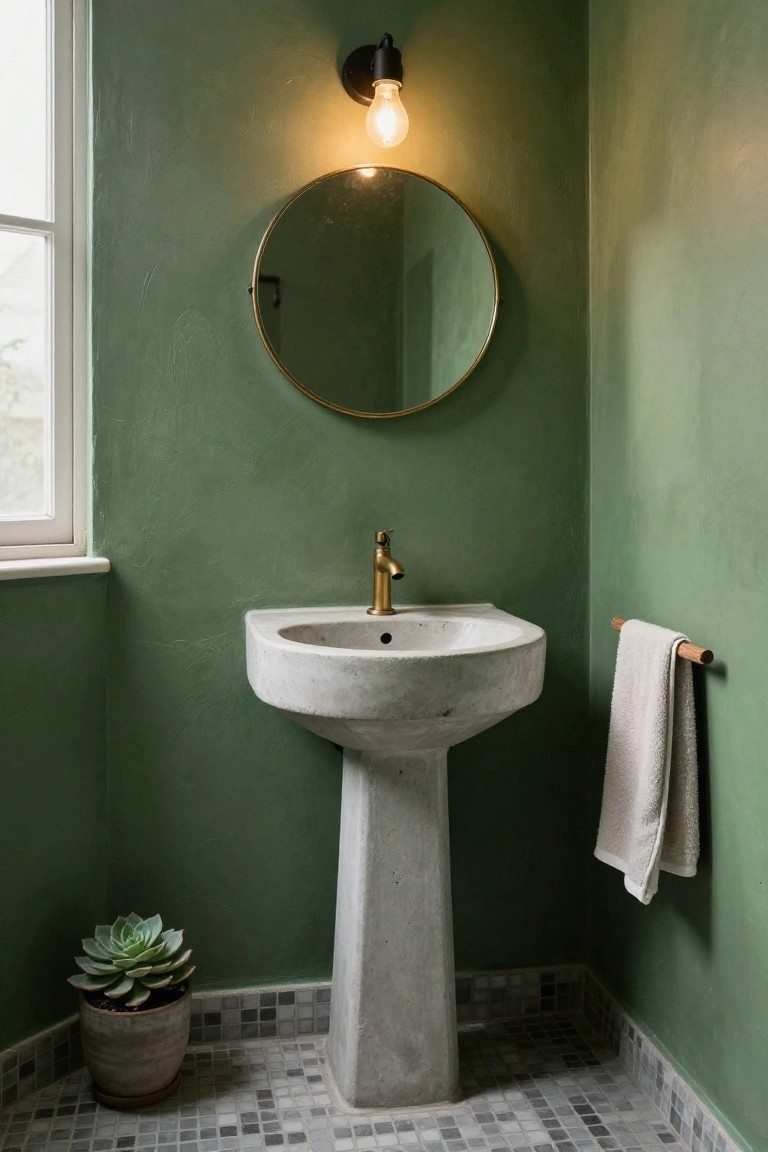 Corner of a small bathroom with sage green textured plaster walls, white concrete pedestal sink and brass faucet, gold-framed round mirror, black wall sconce with bulb, wooden towel rail holding white towel, potted succulent plant, and gray mosaic floor tiles beside a white-framed window.