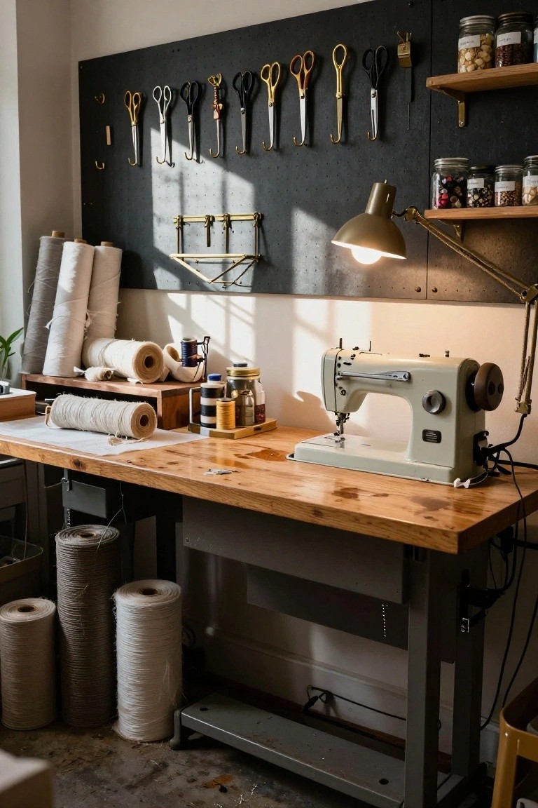 Sewing workspace with dark pegboard wall holding various scissors on hooks, wooden desk topped with beige sewing machine, fabric rolls, and shelves of jars.
