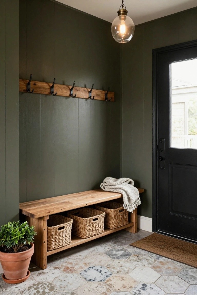 Dark green vertical board-and-batten wall in an entryway with wooden coat hooks mounted on a beam, wooden bench with three woven baskets underneath, folded white throw blanket on bench, potted green plant in terracotta pot, black door, and hexagonal tile floor with doormat.