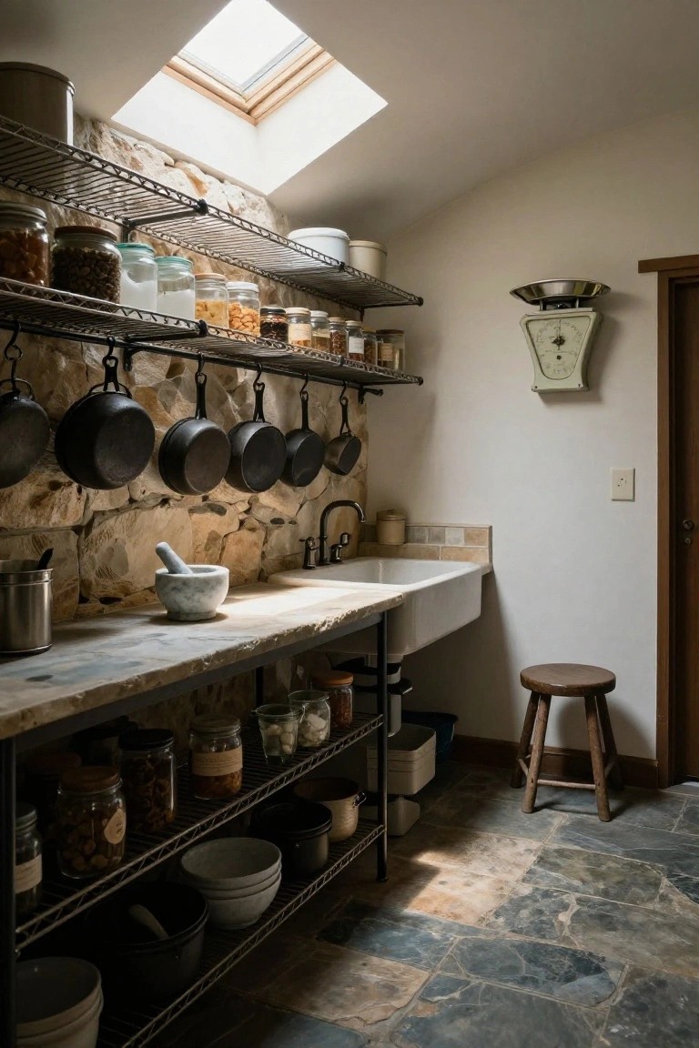 Rustic indoor kitchen pantry with exposed stone walls, black wire shelving stocked with glass jars of dry goods and ceramic bowls, hanging black cast iron pots, farmhouse sink on wooden counter, wooden stool, and slate tile floor under skylight.