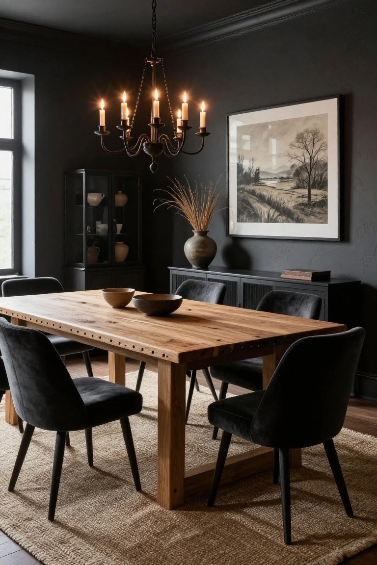 Dark gray dining room with large rectangular oak wood table, black velvet chairs, black sideboard holding pampas grass vase, candle chandelier, and black curio cabinet.