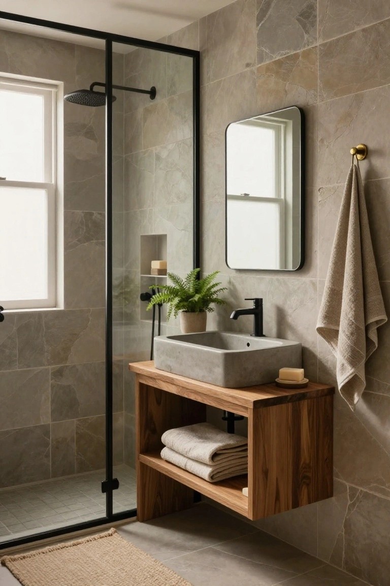 Contemporary bathroom with light gray stone tile walls, black-framed glass shower enclosure, floating wooden vanity holding folded towels and a concrete sink with black faucet, round black mirror, hanging beige towel, potted fern, and soap dish.