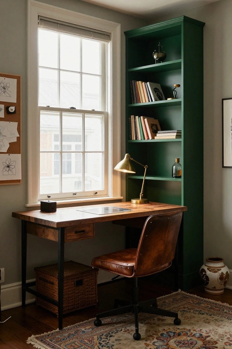 A cozy home office corner featuring a tall emerald green built-in bookcase filled with books and decor next to a rustic wooden desk with a leather chair, positioned by a large window with blinds.