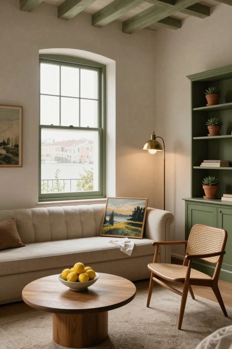 Cream L-shaped tufted sofa positioned against an arched window with potted plants on the sill overlooking a landscape, wooden round coffee table holding a bowl of lemons, green built-in bookshelf, gold arched floor lamp, and exposed wood ceiling beams in a light-colored room.
