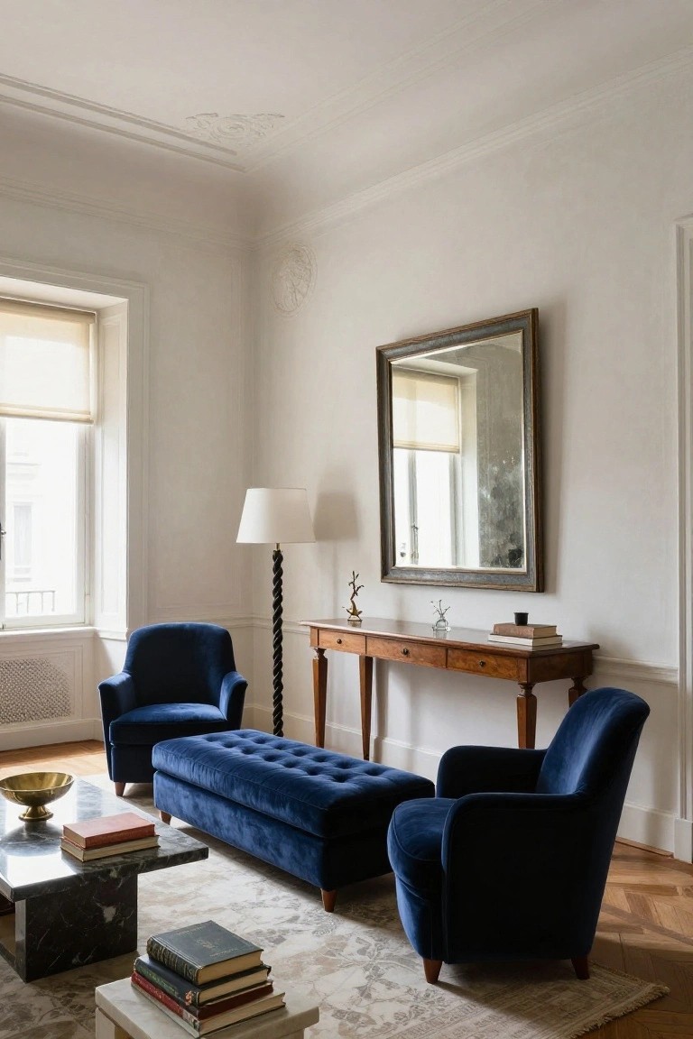 A corner of a light-walled living room with two navy blue tufted velvet armchairs around a white marble coffee table, wooden credenza with stacked books and black vase, brass lamp, large framed mirror, wall sconce, and window.