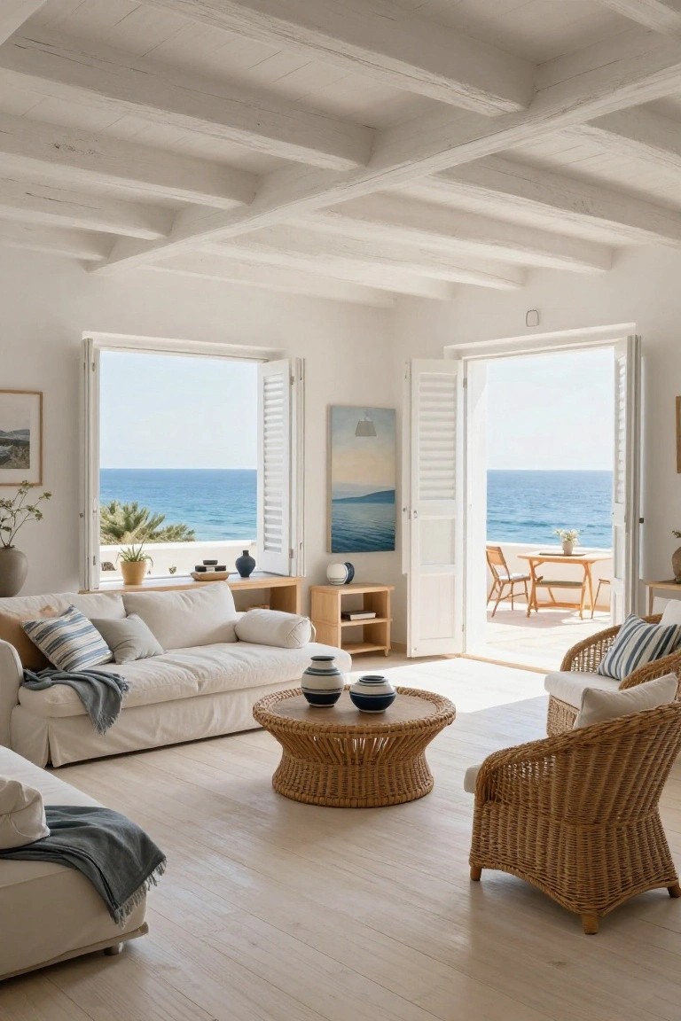 Bright white living room with exposed whitewashed wooden beams on the ceiling, linen sofa with pillows and throws, rattan coffee table and chairs, open French doors and windows to a terrace overlooking the blue sea.