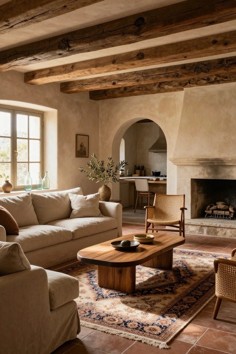 Living room interior with exposed dark wooden beam ceiling, large cream linen slipcovered sofa, oval wooden coffee table on Persian rug, stone fireplace mantel with glass bottles, arched opening to kitchen, and terracotta tile floor.