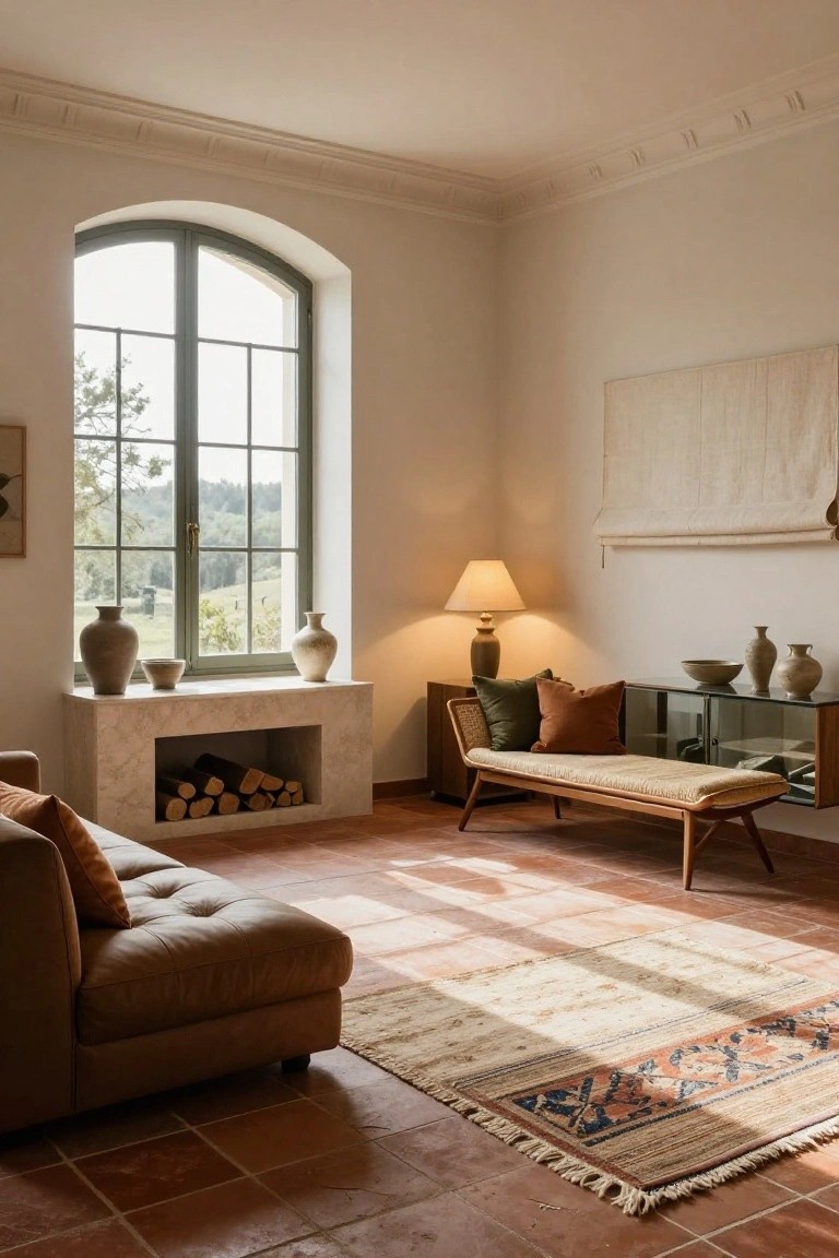 Living room with tall beige stone fireplace stacked with logs, brown leather sofa, rattan chair, wood credenza with lamps and vases, terracotta tile floor, beige rug, and arched window with green view.