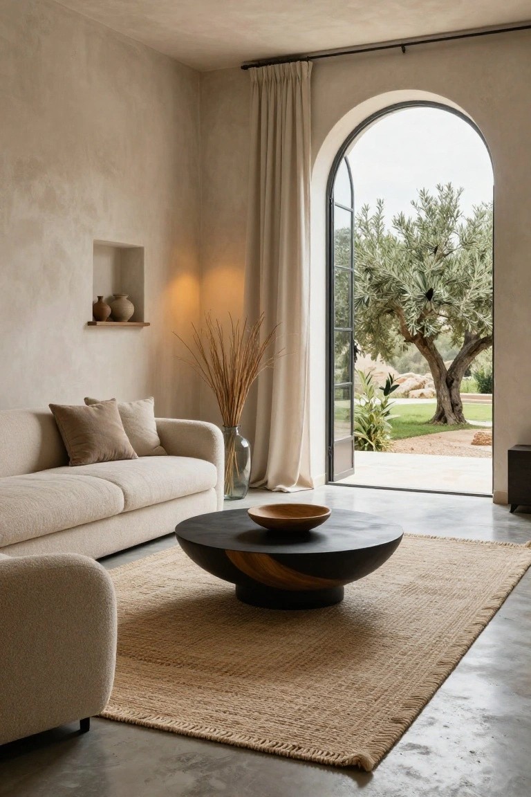 Beige living room featuring textured plaster walls, a cream bouclé sofa with tan pillows, a black and wood coffee table on a seagrass rug, potted plants, and large open arched doors showing an olive tree and garden landscape.