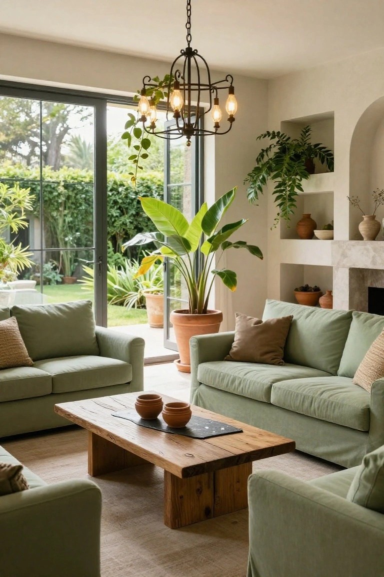 Sage green slipcovered sofas flank a live-edge wooden coffee table in a light living room with arched plant niches, a large potted banana plant, terracotta pots, and floor-to-ceiling glass doors opening to a lush green garden.