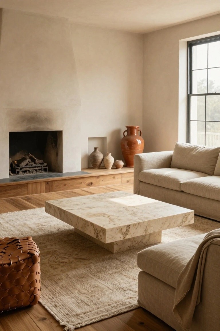Living room interior with white stucco corner fireplace, dark wood mantel, low rectangular veined stone coffee table, beige linen sofa, woven brown leather ottoman, several terracotta pots, seagrass rug, and light wood floors.