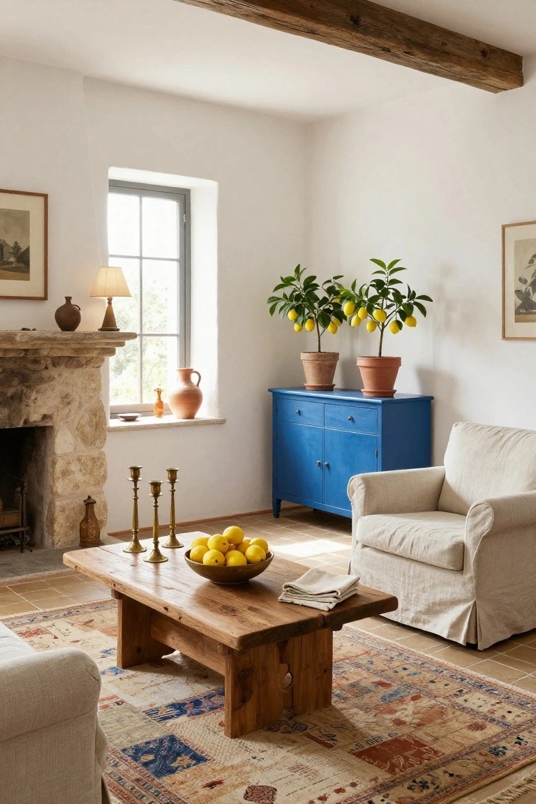 Sunlit corner of a white-walled living room with two potted lemon trees in terracotta pots by a large window, rustic wooden coffee table holding a bowl of lemons, blue cabinet with brass candelabra, white slipcovered armchair, stone fireplace, and patterned rug on terracotta floor tiles.