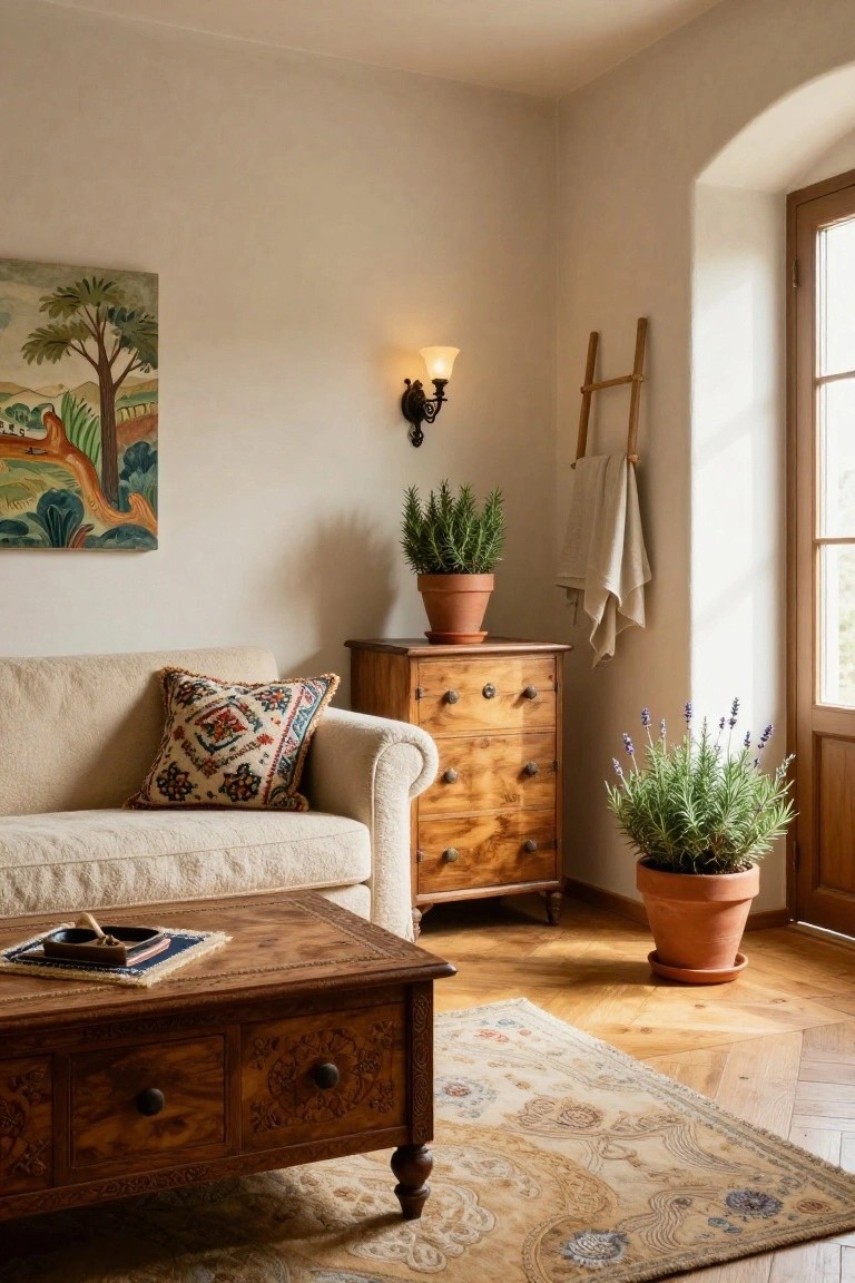 Cream sofa with patterned pillow in light-walled living room corner, wooden coffee table and dresser, potted rosemary and lavender plants, ladder with towel on wall, arched window, and patterned rug on wood floor.