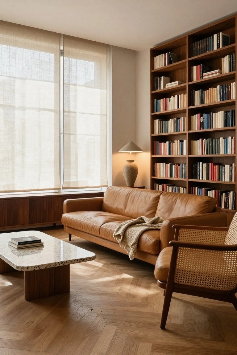 Living room with tall floor-to-ceiling wooden bookshelves filled with books along one wall, tan leather sofa with throw blanket, white terrazzo coffee table holding a bowl, matching wood sideboard with ceramic vase, armchair, rattan chair, sheer-curtained windows, and herringbone parquet floor.