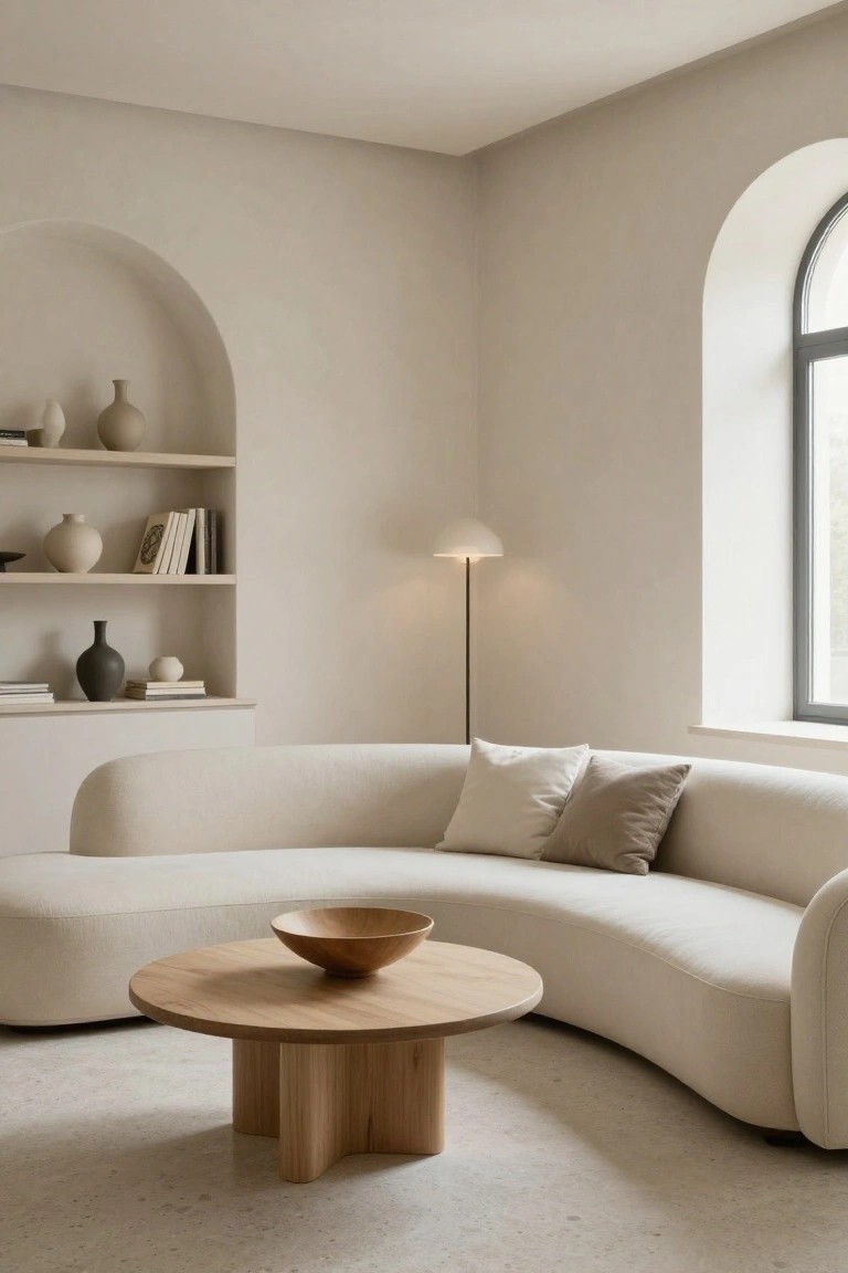 Beige curved sofa in a light neutral living room corner with built-in arched shelves holding books and ceramic vases, a white globular floor lamp, arched window, and large wooden bowl on the floor.