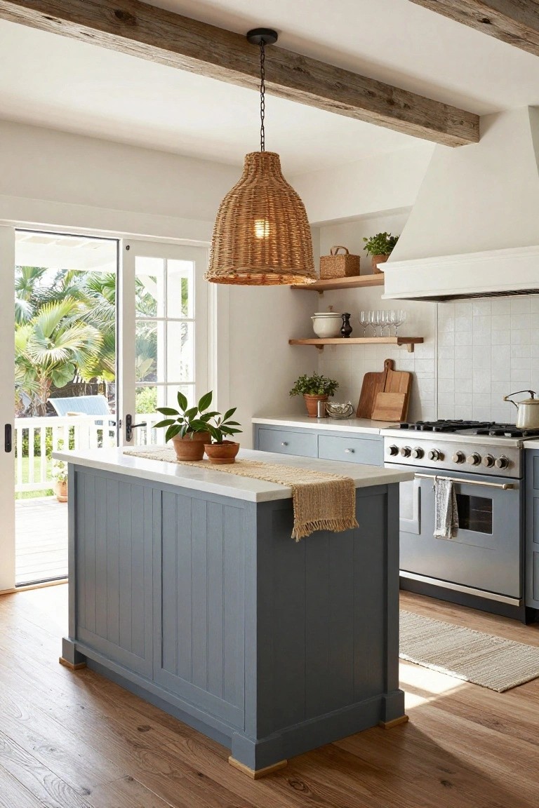 Kitchen interior with a freestanding blue-painted paneled island topped in white quartz, rattan pendant light hanging above, white cabinetry and range, open shelves with pottery, and French doors opening to a tropical garden view.
