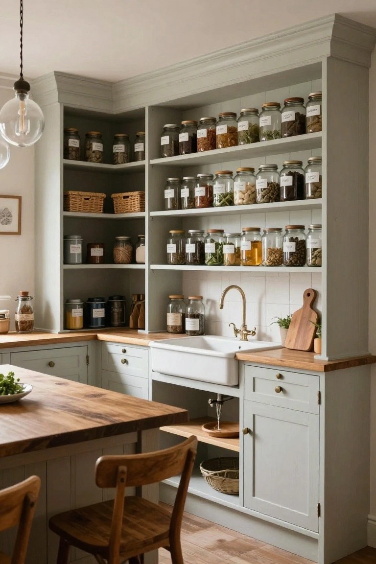 Gray farmhouse pantry with open shelves of labeled jars and white sink.