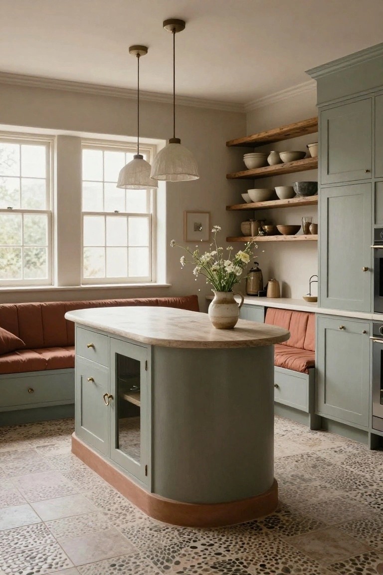 Sage green kitchen with curved central island topped in light stone, featuring integrated rust-colored bench seating, wooden shelves stocked with pottery, pendant lights, and pebble tile floor.