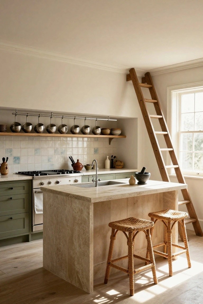 Kitchen interior featuring green cabinets, a light stone island with two rattan stools, hanging stainless steel pots on a rack, assorted pottery on shelves, a gas stove, sink, and a tall wooden ladder leaning against the wall near a window.