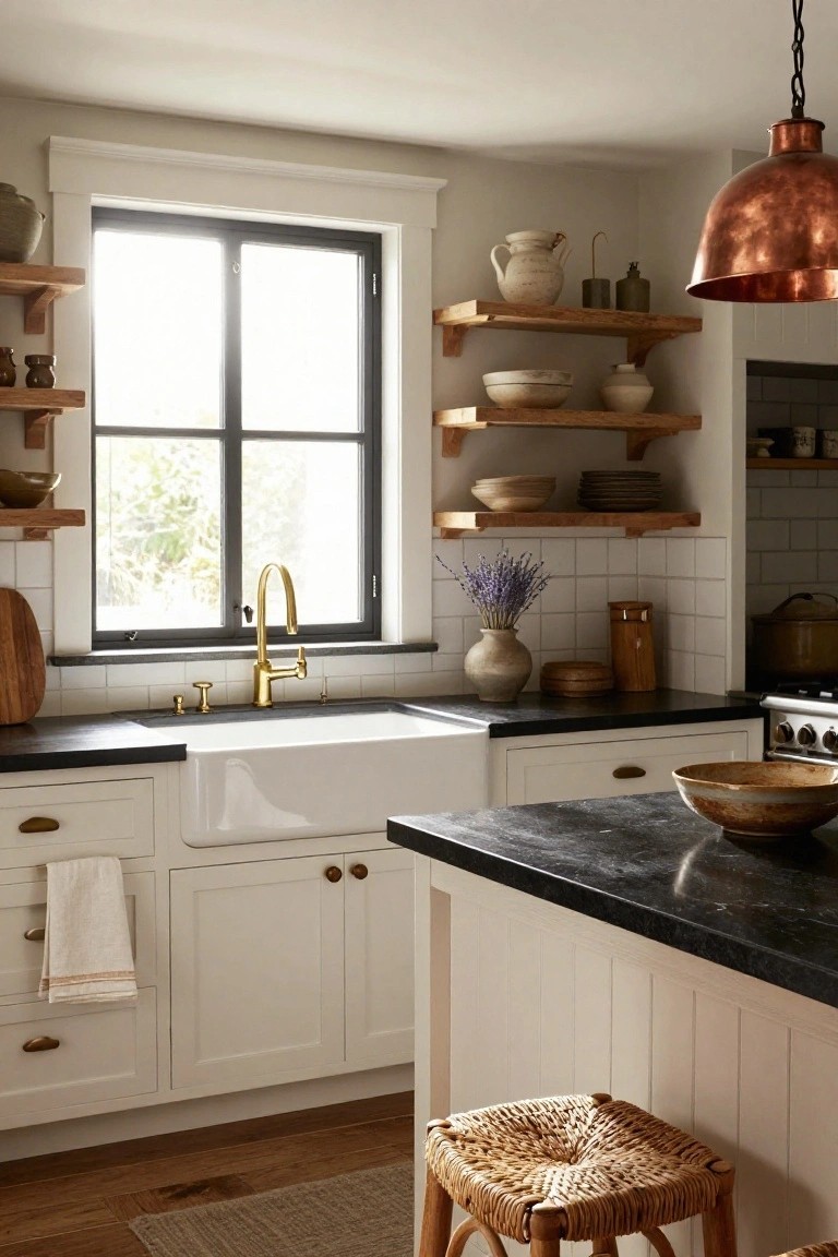 Kitchen with white cabinets, black countertop, white farmhouse sink, gold faucet, open wood shelves displaying beige pottery bowls jars and wooden items, copper pendant light, and rattan stool by island.