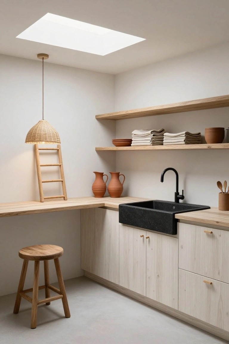 Corner kitchen featuring light wood cabinets, oak countertop, black farmhouse sink, open floating wood shelves with terracotta pots and linens, rattan pendant light, leaning wooden ladder, and wooden stool on a concrete floor.