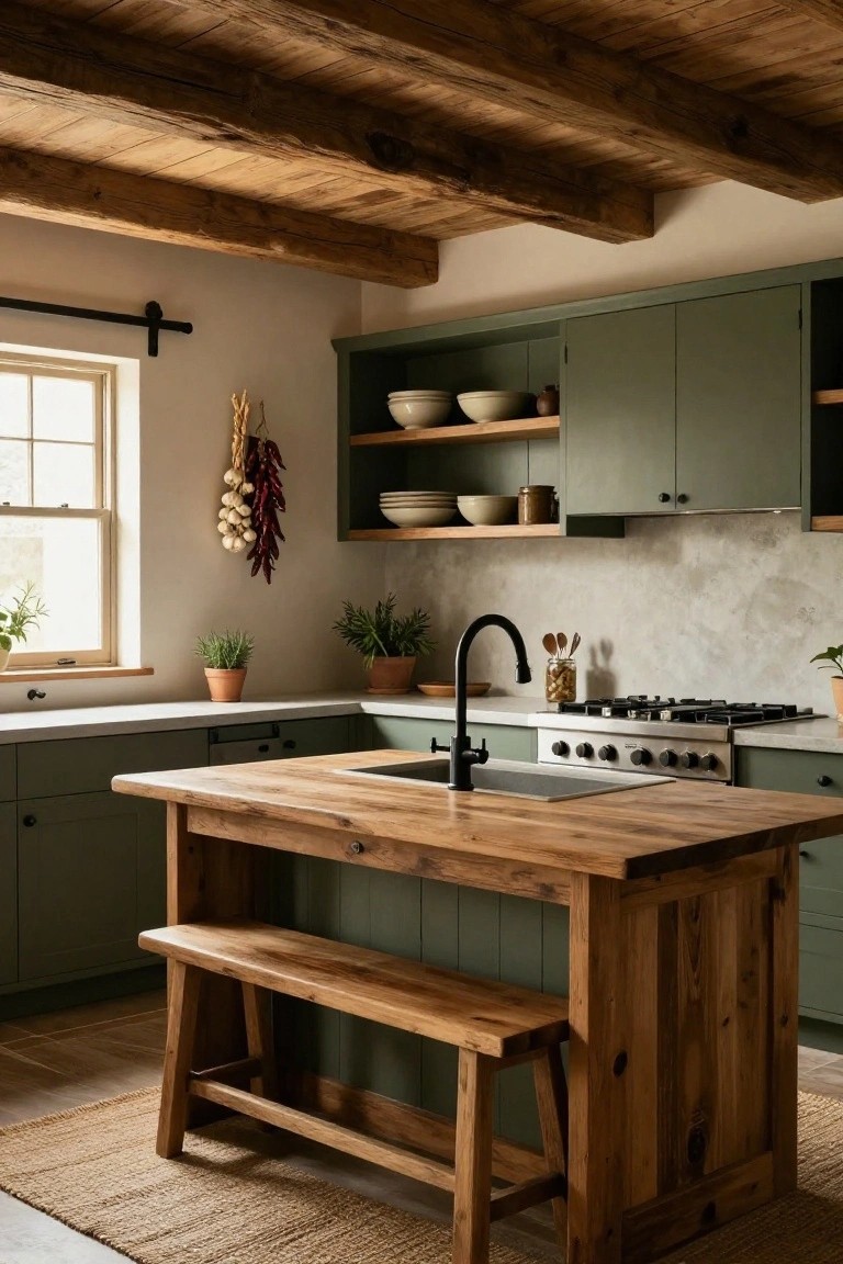 A rustic kitchen interior with sage green cabinets, white countertops, a large wooden island topped with a sink and featuring an integrated wooden bench, black faucet, gas range, open shelves with pottery, hanging garlic and peppers, potted plants, and exposed wooden beams on the ceiling.