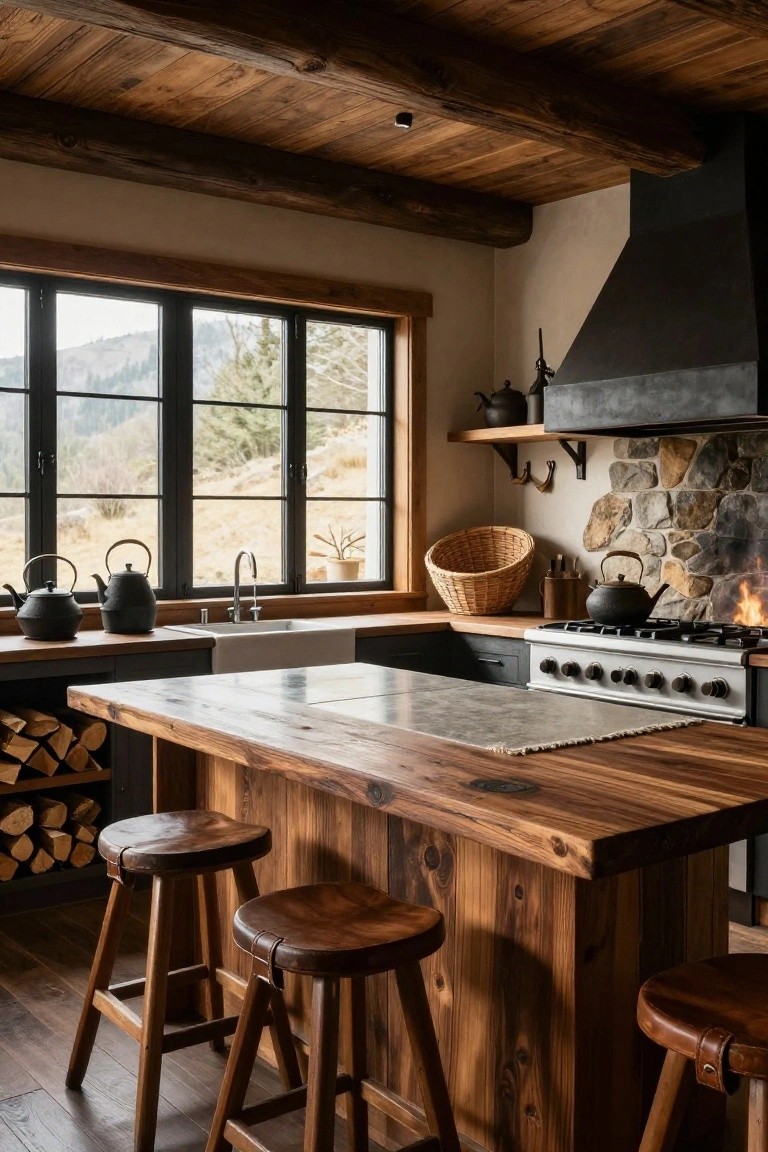 Rustic kitchen interior with exposed wooden beams, large wooden island and bar stools, stone backsplash, gas range with kettles, farmhouse sink, and window view of mountains.