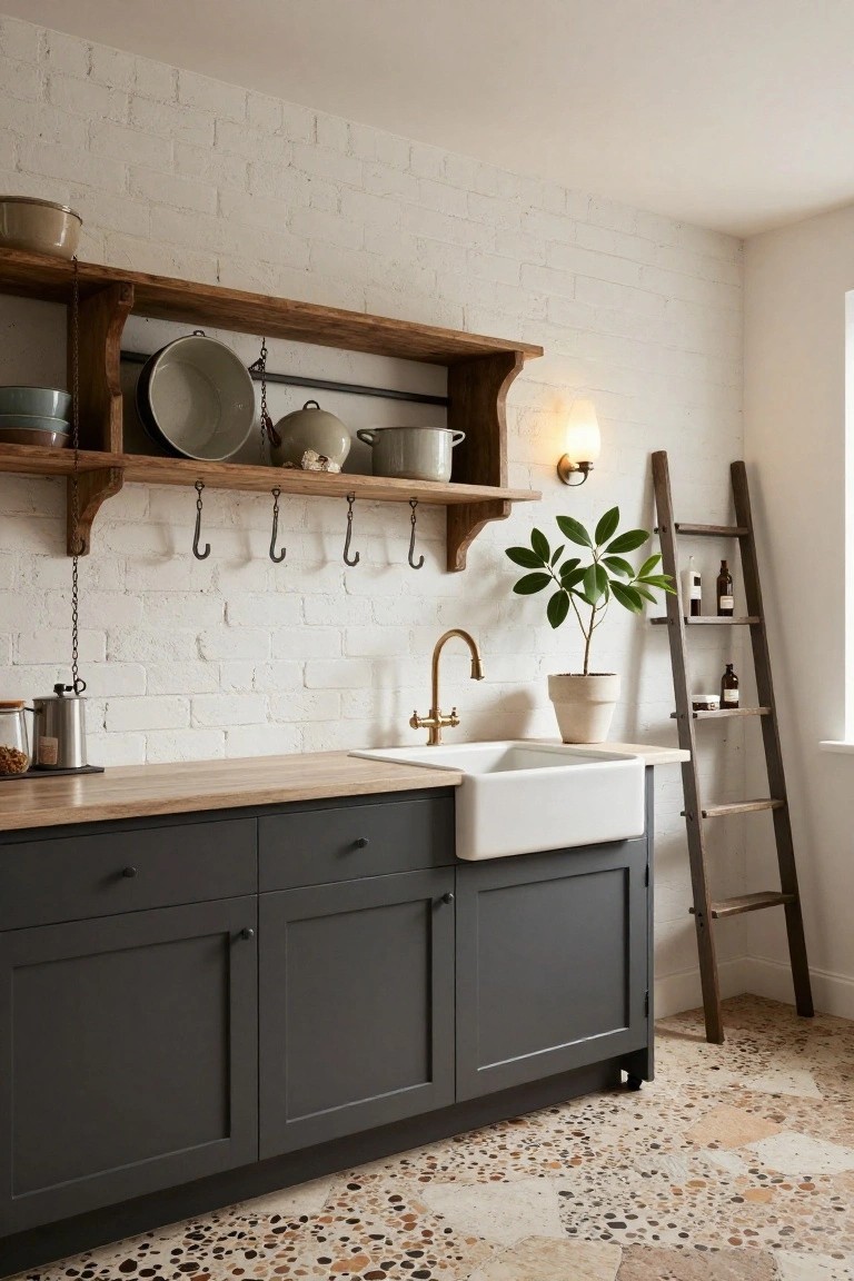 Rustic kitchen with exposed white brick walls, wooden open shelves displaying pottery and hanging enamelware pots and pans, dark grey cabinets, white farmhouse sink with brass faucet, wooden ladder shelf holding bottles, potted plant, and terracotta-look floor tiles.