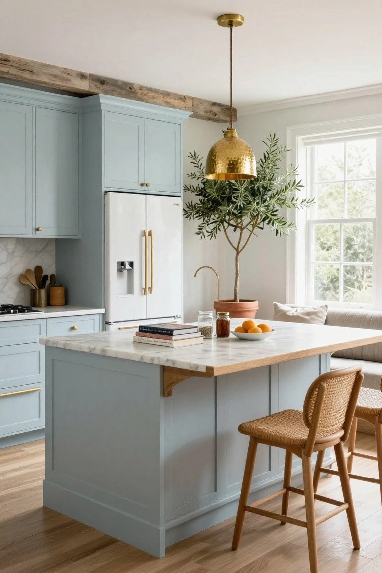 Kitchen with light blue shaker cabinets, white refrigerator, marble-topped island with wood edge and rattan stools, brass pendant light, exposed beams, and potted olive tree by window.