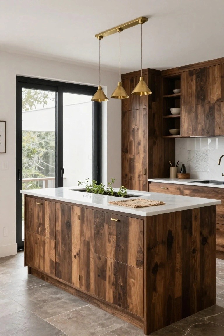 Modern kitchen with dark walnut wood cabinets on island and perimeter, white quartz countertops, potted plants and woven mat on island, three brass pendant lights, black sliding doors to outdoor view, and gray tile floor.