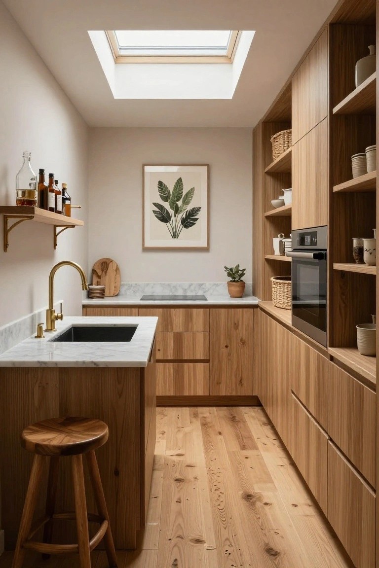 Compact L-shaped kitchen with light wood cabinets and flooring, white marble countertop and sink, brass faucet, skylight overhead, open wooden shelves holding dishes and bottles, wooden bar stool, and potted plants.