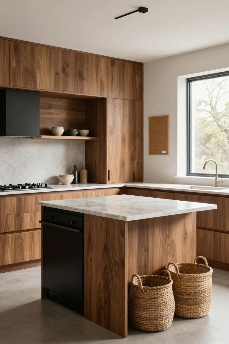 Modern kitchen with walnut wood cabinets on walls and island, white marble countertops, black range hood and dishwasher, open shelves with ceramics, and two wicker baskets on concrete floor.