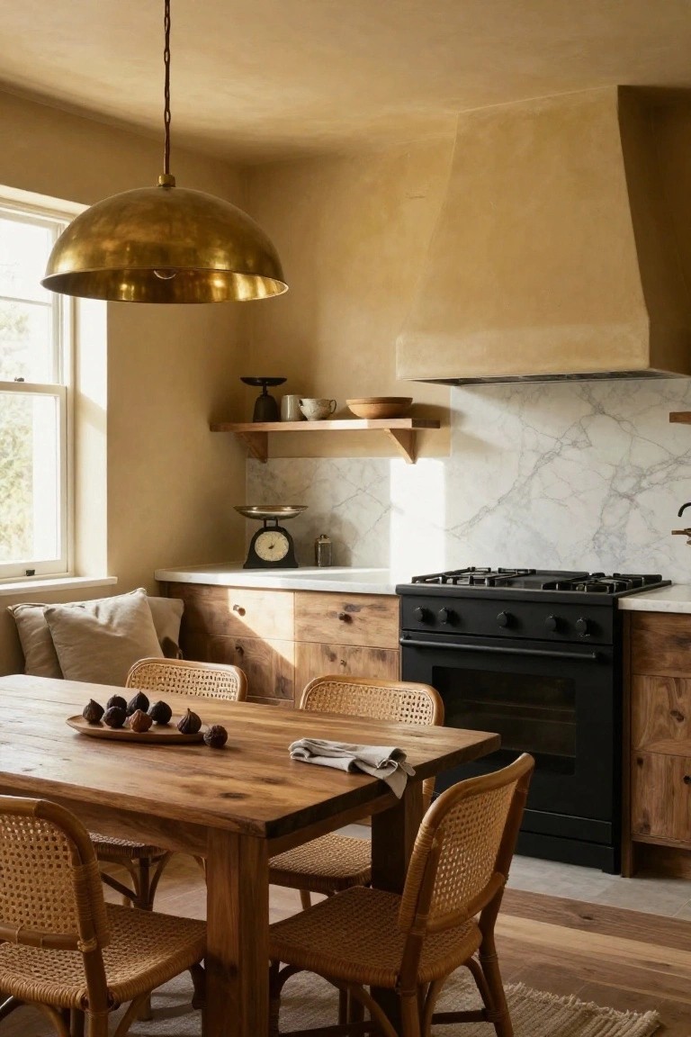Kitchen with beige walls, wooden cabinets and dining table with figs, rattan chairs, matte black gas range and oven, white marble backsplash, brass dome pendant light, and wooden shelves holding pottery and scale.