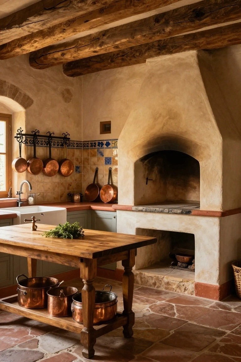 Rustic kitchen interior with exposed wooden beams on the ceiling, beige plaster walls, a large arched wood-fired oven built into one wall, hanging copper pots on a black wrought-iron rack, a wooden island table with copper pots underneath, white farmhouse sink, and terracotta tile floors.