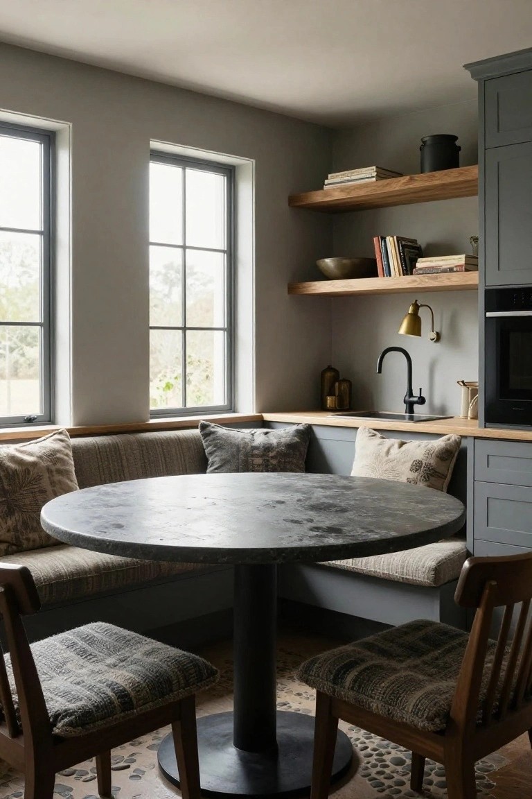 Kitchen corner with built-in beige banquette seating and patterned cushions around a round gray stone-top table on black metal base, flanked by gray cabinets, wood shelves with books and pottery, black faucet sink, and two windows.