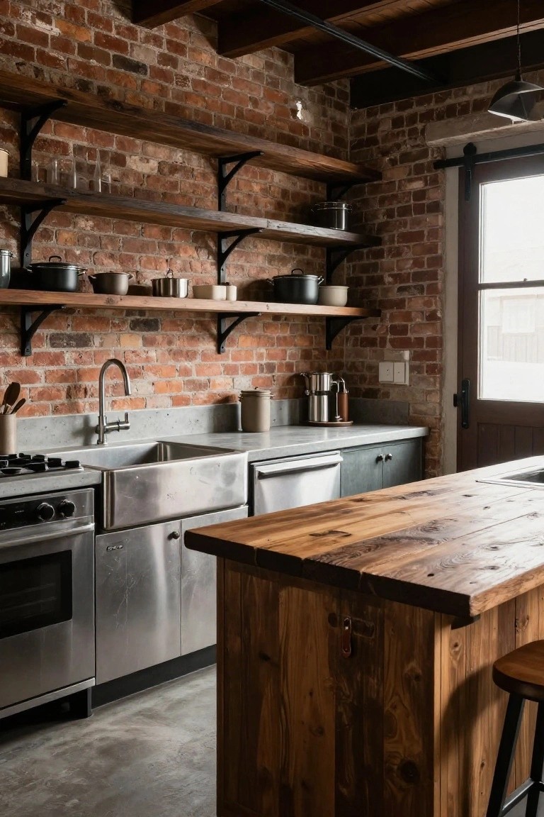 Rustic kitchen interior with exposed brick walls, wooden open shelves holding cookware and pottery, stainless steel range and sink, wooden island counter, and metal stools on a concrete floor.