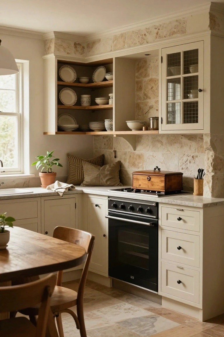A corner kitchen with exposed beige stone walls, cream cabinets with glass-fronted uppers and open wooden shelving displaying plates and bowls, a black range cooker on white countertops, wooden table with chairs, and potted plants.