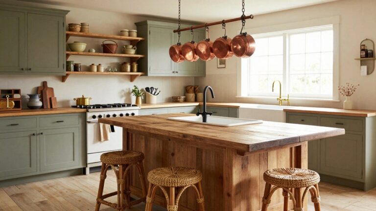 A rustic kitchen with sage green cabinets, white subway tile walls, a large wooden farm table as central island with four rattan bar stools, brass faucets at two sinks, and a copper pot hanging from a black chain light fixture.
