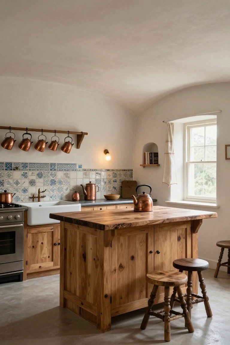 Rustic kitchen interior with arched white walls, wooden island and cabinets, blue and white tiled backsplash, hanging copper pots and kettles on a wooden rack, farmhouse sink, and two wooden stools.