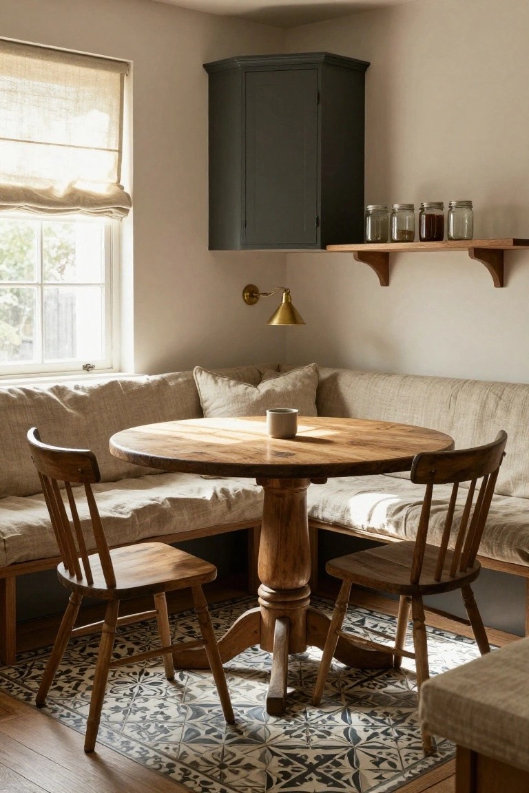 Light-filled kitchen corner with beige linen banquette seating around a round wooden table, wooden chairs, blue-and-white tiled rug, brass wall lamp, window with linen shade, dark wall cabinet, and shelves holding glass jars.