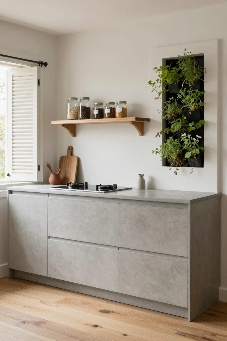 Contemporary kitchen interior with light gray concrete-textured cabinets, wooden floating shelves holding glass jars of spices, black-framed wall-mounted vertical herb garden, wooden cutting board, terracotta pot, white vase, and gas cooktop near a window with shutters.
