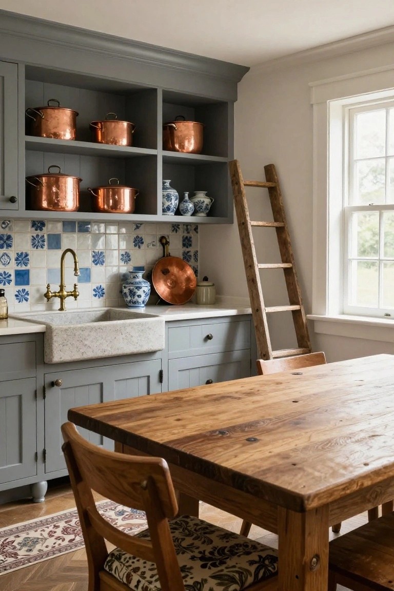 Rustic kitchen interior with gray cabinets, open shelves holding copper pots and blue ceramics, blue and white tiled backsplash, white farmhouse sink with brass faucet, leaning wooden ladder shelf, wooden dining table, and wooden chairs on hardwood floor.