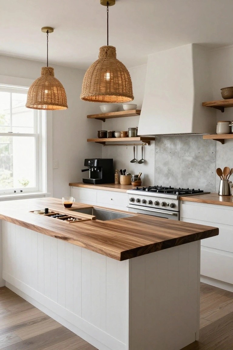 Kitchen interior with white cabinetry, central wood-topped island containing sink and storage compartments, rattan pendant lights overhead, floating wood shelves, concrete backsplash, gas cooktop, and oak flooring.