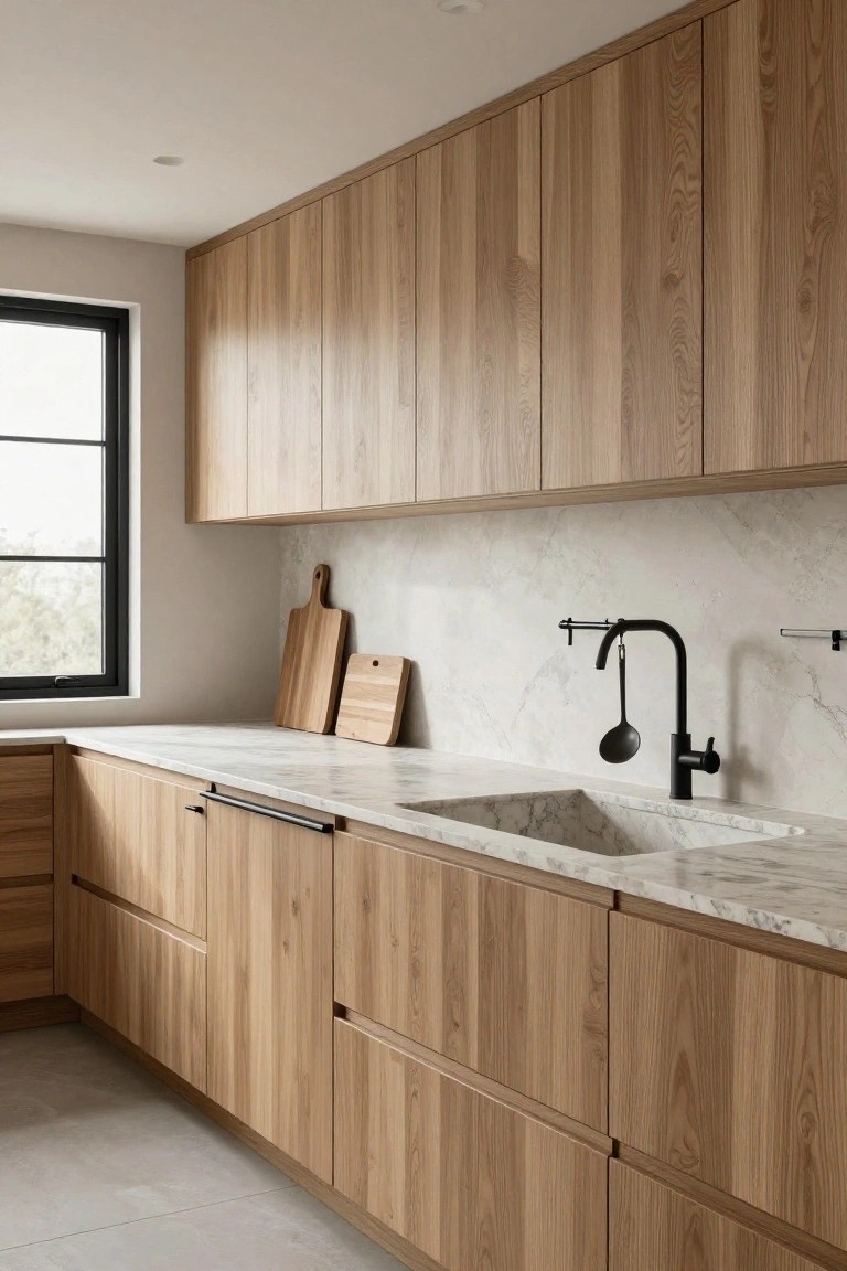 Light oak wood cabinets line a modern kitchen with white marble countertops and backsplash, a black gooseneck faucet over an undermount sink, and wooden cutting boards propped nearby.