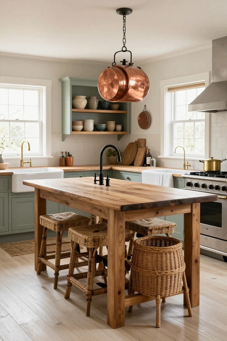 A rustic kitchen with sage green cabinets, white subway tile walls, a large wooden farm table as central island with four rattan bar stools, brass faucets at two sinks, and a copper pot hanging from a black chain light fixture.