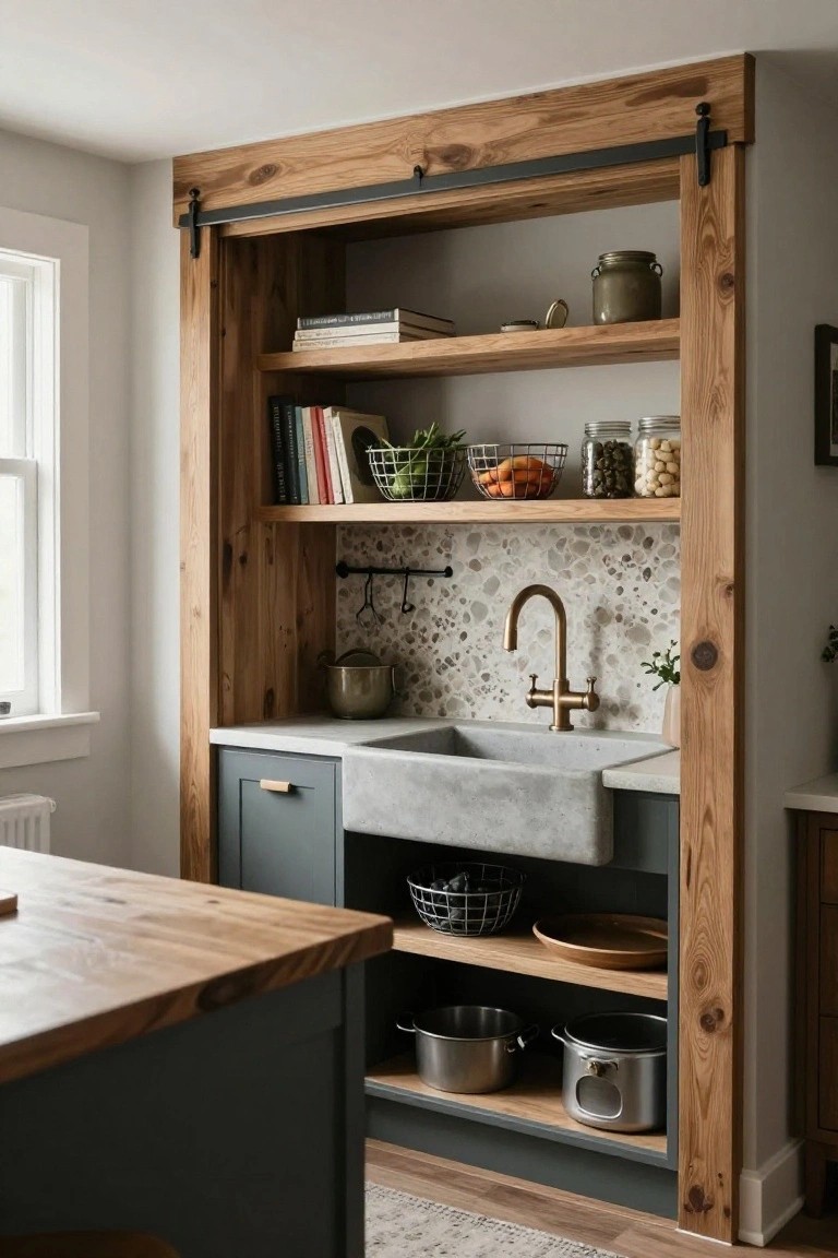 Rustic kitchen nook with oak wood open shelving unit framing a white concrete farmhouse sink, brass faucet on pebble backsplash, green cabinets below, and kitchen items like pots, jars, and produce on shelves.